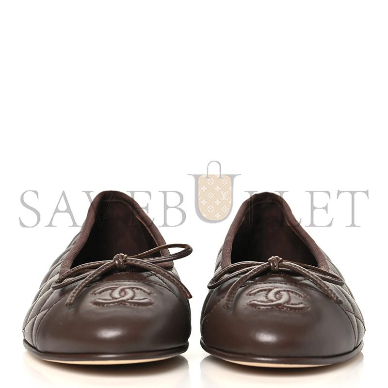 Ch**el LAMBSKIN QUILTED CC CAP TOE BALLERINA FLATS BROWN
